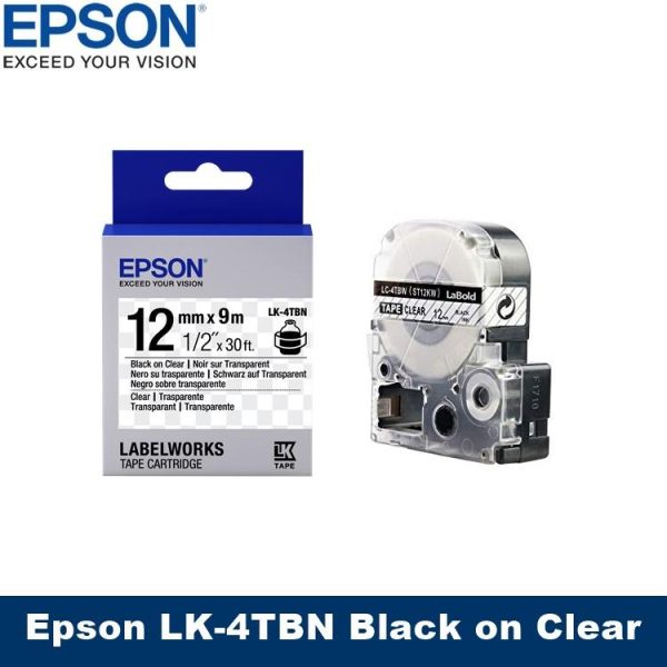 [Original] Epson LK-4TBN 12MM x 9M Balck on Transparent Black on Clear label tape LW-300 LW-400 LW-700 LW-1000P LW-900 lw300 lw400 lw700 lw1000 lw1000p lw900 lk4tbn lk 4tbn