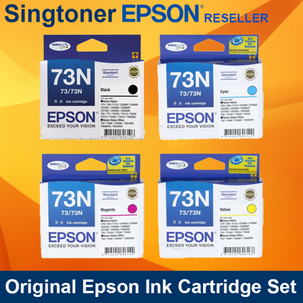 [Original] Epson 73N Black Cyan Magenta Yellow Ink for Stylus C79 C90 C110 CX3900 CX5500 CX5900 CX6900f FX7300 CX8300 CX9300f T10 T11 T13 T20e TX100 TX101 TX110 TX11 TX121 TX200 TX210 TX220 TX400 TX550w T30 TX300f TX510fn